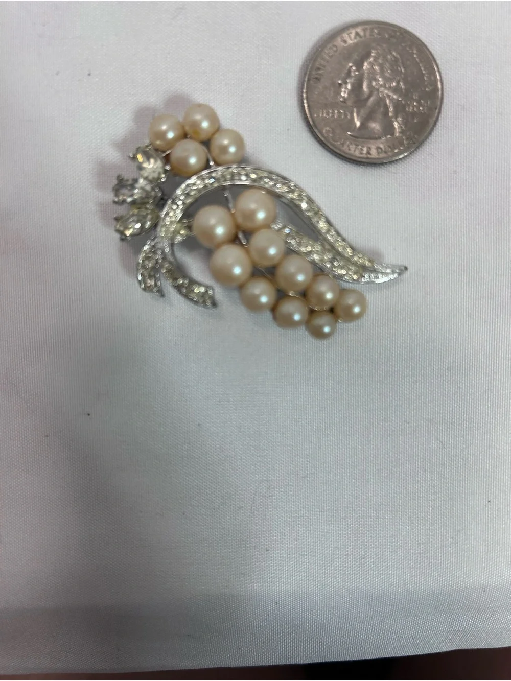 Pearl and Crystal Cluster Brooch - Champagne faux Pearls with Silver Tone